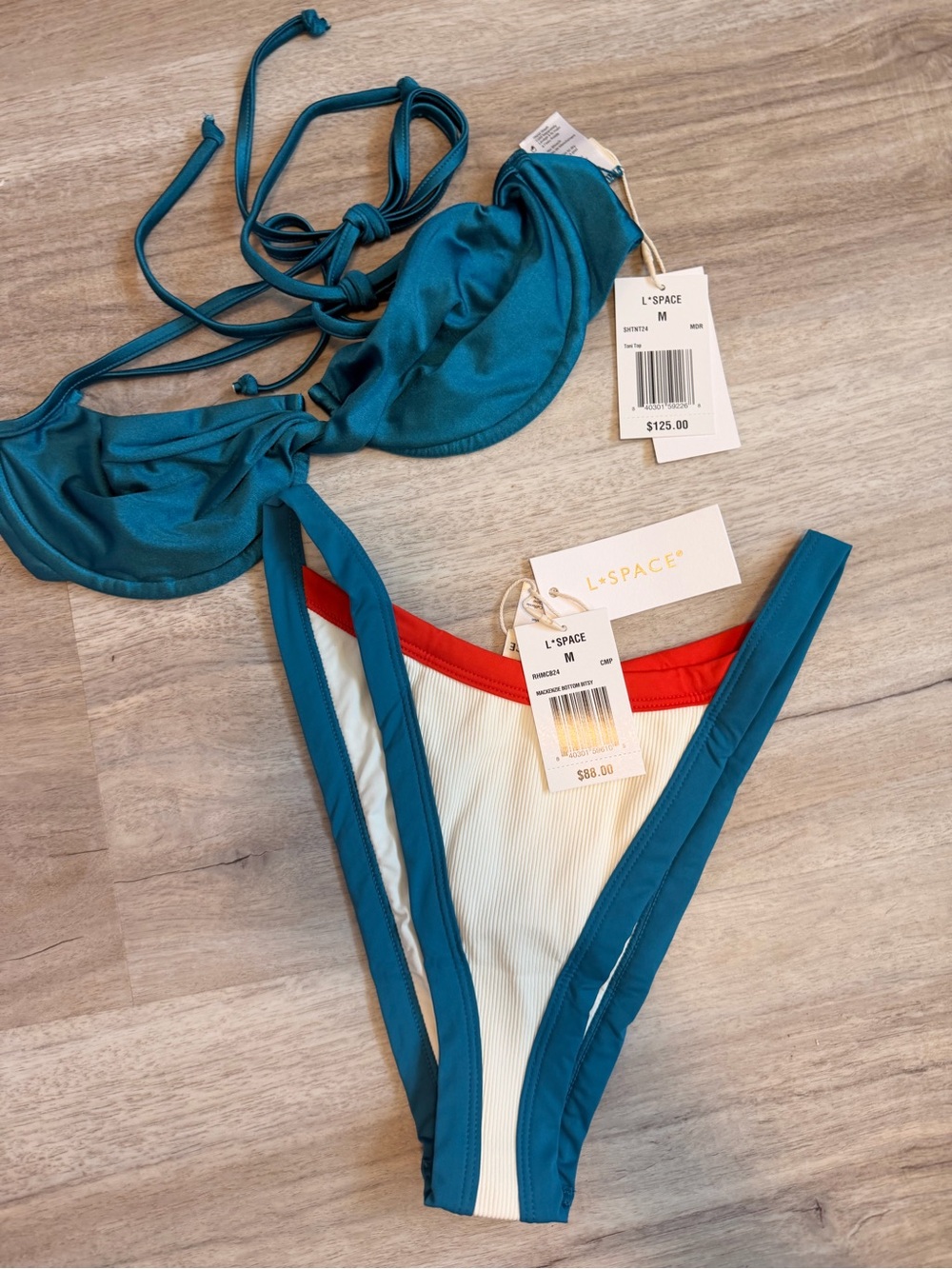 l*space Teal, Cream & Red Colorblocked Bikini Set